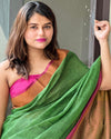 Handwoven Pure Linen Green Saree with Blouse-Indiehaat