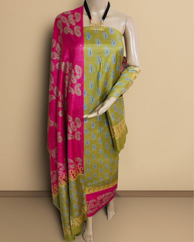 Katan Silk Stunning Blockprint Olive Green Suit