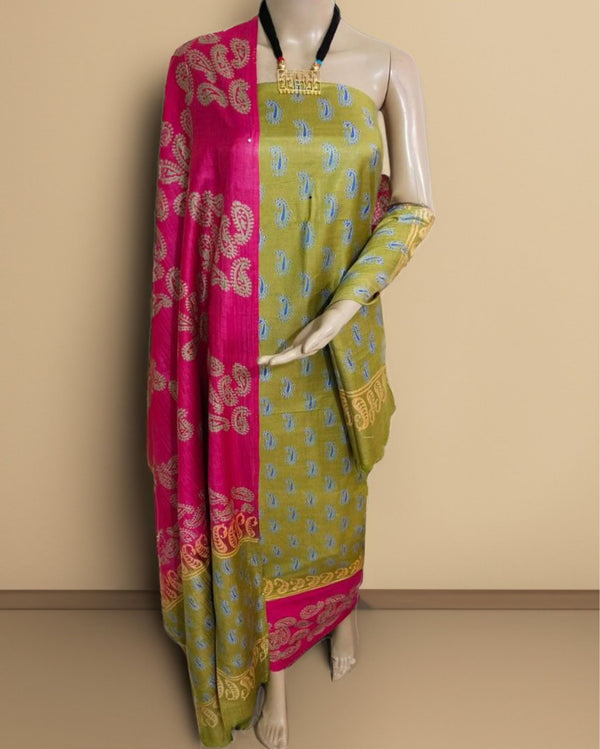 Katan Silk Stunning Blockprint Olive Green Suit