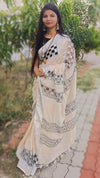 Surreal Pure Linen Hand Cutwork Design Off White Saree