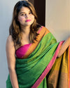 Handwoven Pure Linen Green Saree with Blouse-Indiehaat