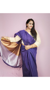 Silk Linen Plain Saree Blue Colour with contrast border and attached Running Blouse Violet Purple colour saree (Any Colour Customizable)-Indiehaat