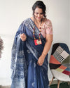 Tranquil Slub Linen Batik Print Saree Ink Blue