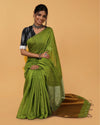 Quaint Silk Linen Handdyed Green Contrast Pallu Saree