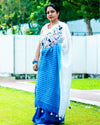 Shop Pure Linen Saree Online with Hand Embroidered, White & Blue Combo