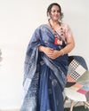 Tranquil Slub Linen Batik Print Saree Ink Blue