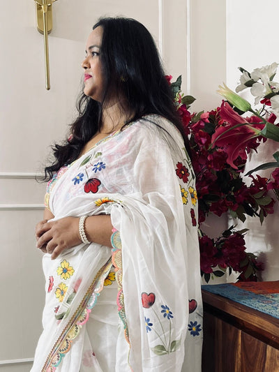 Hawa Hawai Pure Mul Cotton Lace Border Saree Soft White