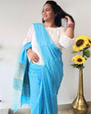 Silkmark Certified Pure Eri Silk Blue Saree with Running Blouse-Indiehaat