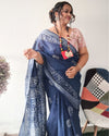 Tranquil Slub Linen Batik Print Saree Ink Blue