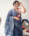 Tranquil Slub Linen Batik Print Saree Ink Blue