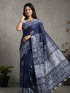 Tranquil Slub Linen Wax Batik Hand Dyed Saree Ink Blue