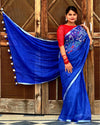 Pure Linen Handloom Saree Blue Color Hand Embroidered with Running Blouse-Indiehaat