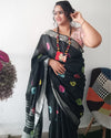 Chic Slub Linen Saree Black Shibori Hand Dyed