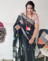 Chic Slub Linen Saree Black Shibori Hand Dyed