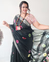 Chic Slub Linen Saree Black Shibori Hand Dyed