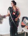 Chic Slub Linen Saree Black Shibori Hand Dyed