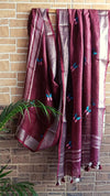 Pure Linen Dupatta Hand Embroidered Wine Red With Tassel