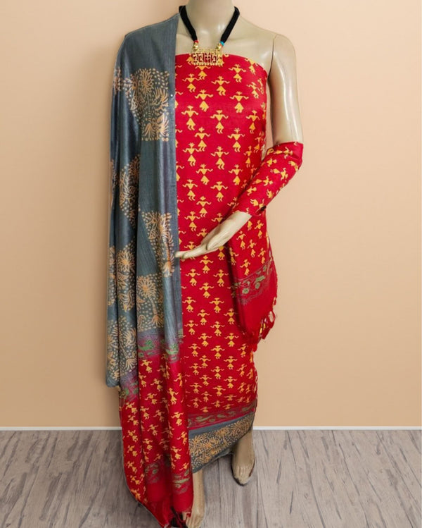 Katan Silk Striking Blockprint Red Suit