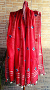 Pure Linen Dupatta Hand Embroidered Red With Tassel