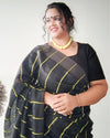 Pure Linen Saree Striped Design Arsenic Black Color with running blouse-Indiehaat