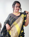 Pure Linen Saree Striped Design Arsenic Black Color with running blouse-Indiehaat