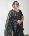 Pure Linen Saree Striped Design Arsenic Black Color with running blouse-Indiehaat