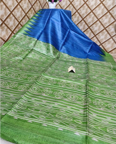 Silkmark Tussar Melodic Blockprint Blue & Green Saree