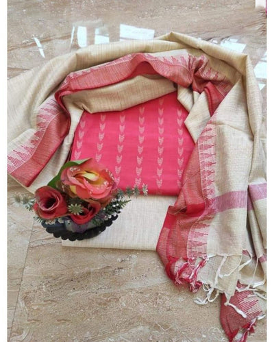 Alluring Khadi Cotton Handcrafted Red Suit (T+B+D)