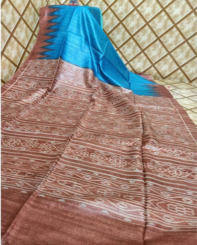 Silkmark Tussar Beaming Blockprint Blue Saree