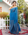 Pure Linen Saree Blue Color Contrast Striped Pallu With Running Blouse-Indiehaat