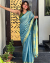 Hand Dyed Pure Tissue Linen Blue Color Saree With Running Blouse-Indiehaat