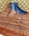 Silkmark Tussar Stunning Blockprint Blue & Brown Saree