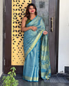 Hand Dyed Pure Tissue Linen Blue Color Saree With Running Blouse-Indiehaat