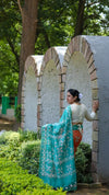 Kota Silk Saree Orange & Light Sea Green Color Batik Print with running blouse-Indiehaat