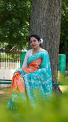 Kota Silk Saree Orange & Light Sea Green Color Batik Print with running blouse-Indiehaat