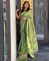 Hand Dyed Pure Tissue Linen Saree Moss Green Color With Running Blouse-Indiehaat