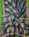 Chanderi Cotton Saree Block Print Black Color with running blouse-Indiehaat