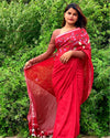 Pure Linen Handloom Saree Dark Pastel Red Color Hand Embroidered with Running Blouse-Indiehaat