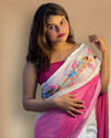 Elegant Pure Linen Saree Hand Embroidered White & Pink