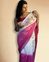 Elegant Pure Linen Saree Hand Embroidered White & Pink