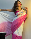 Elegant Pure Linen Saree Hand Embroidered White & Pink