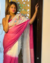 Elegant Pure Linen Saree Hand Embroidered White & Pink