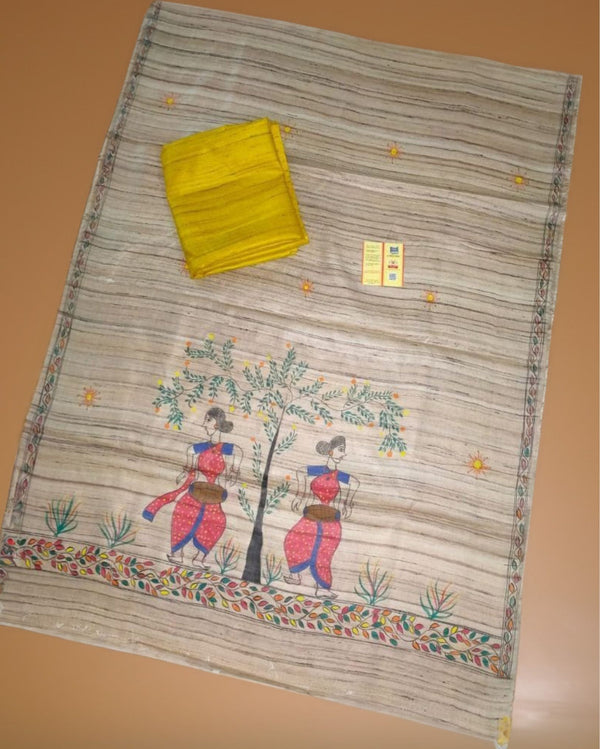 Silkmark Tussar Beige Madhubani Poetic Dupatta & Yellow Top