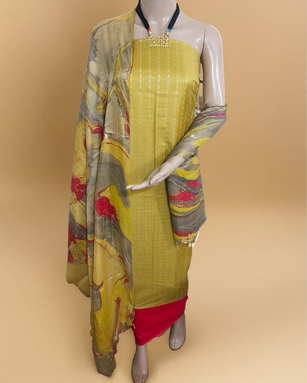 Abstract Katan Silk Tie Dyed Yellow & Red Suit