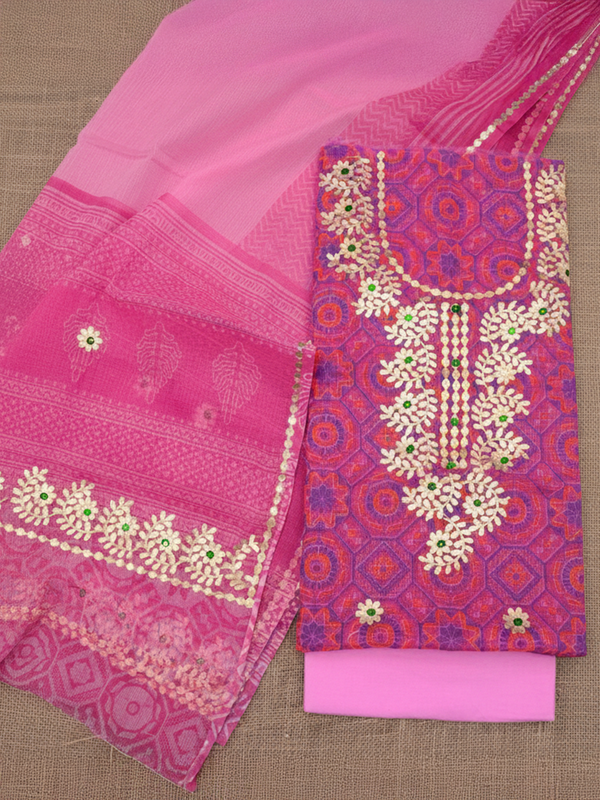 Glimmering Kota Doria Dark Pink Gota Patti Suit