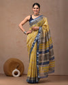 Indiehaat | Maheshwari Silk Saree yellow Color Bagru Handblock Printed with Running Blouse (Silk by Silk)