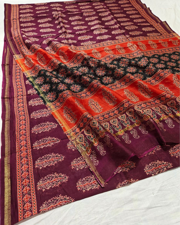 Indiehaat | Chanderi Silk Ajrakh Print Saree Red