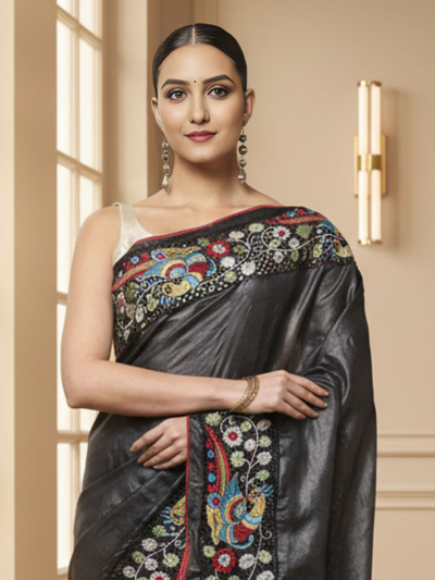 Silkmark Certified Rustic Pure Tussar Cutwork Eerie Black Saree