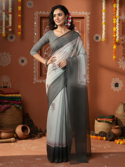 Artistic Kota Doria Blockprinted Black & White Saree