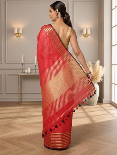 Fiery Khadi Linen Saree Red